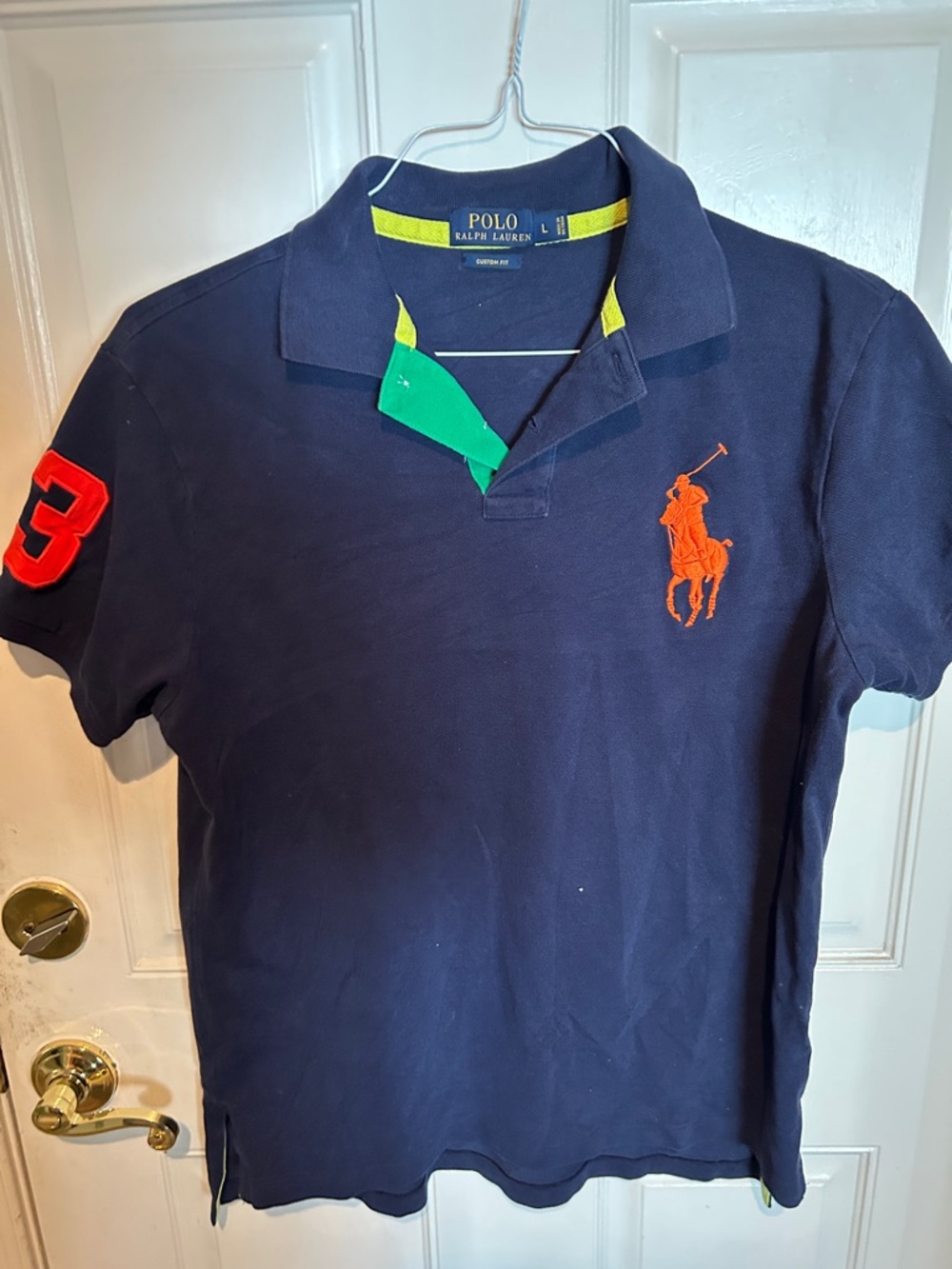 Ralph Lauren Navy Polo with Yellow Trim Size Large